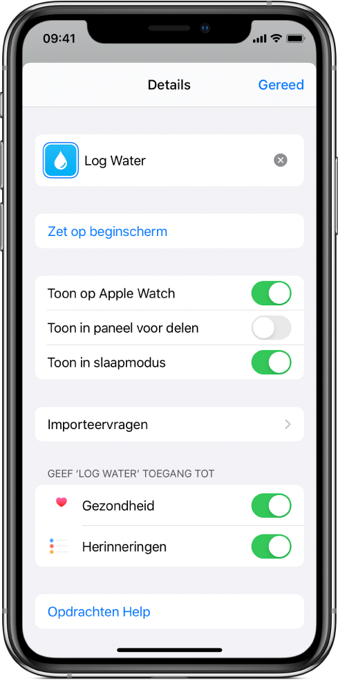 Het scherm 'Details' in de Opdrachten-app met 'Toon op Apple Watch'.