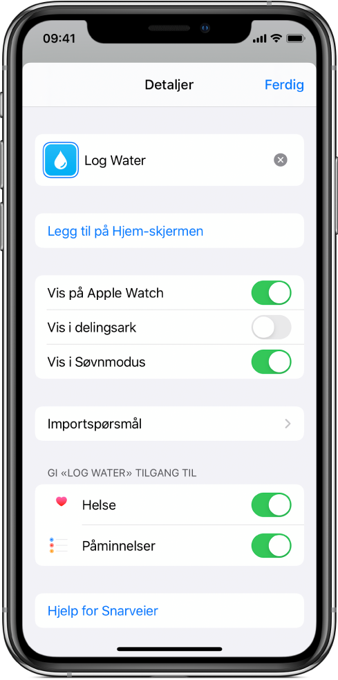 Detaljer-skjermen i Snarveier-appen som viser Legg til på Hjem-skjerm.