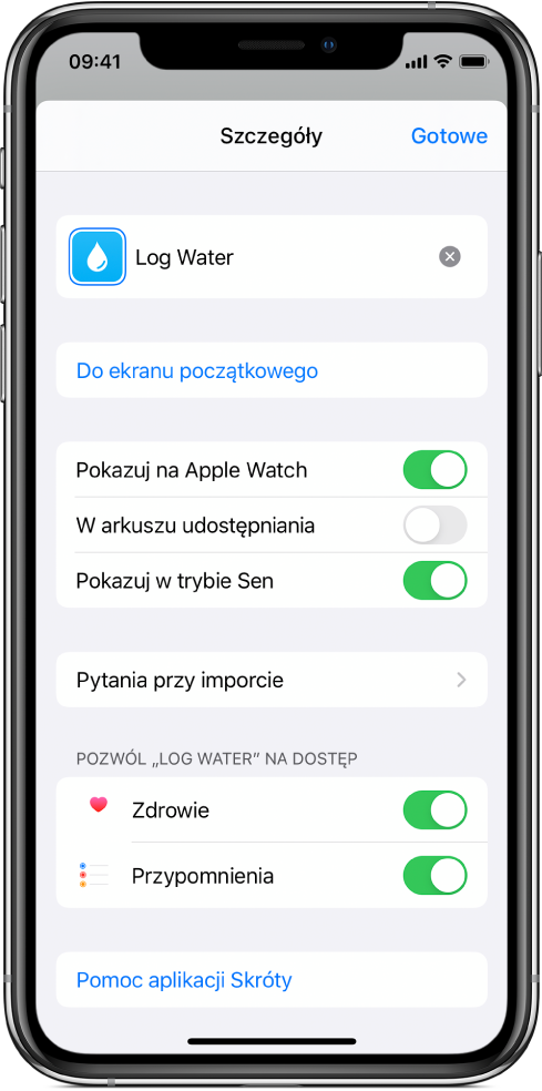 Ekran szczegółów w aplikacji Skróty z widocznym przełącznikiem Pokazuj na Apple Watch.