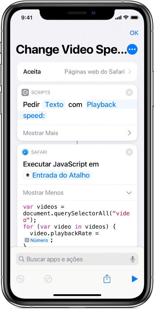 O editor de atalhos mostrando uma ação “Executar JavaScript na Página Web” com uma Variável Mágica.