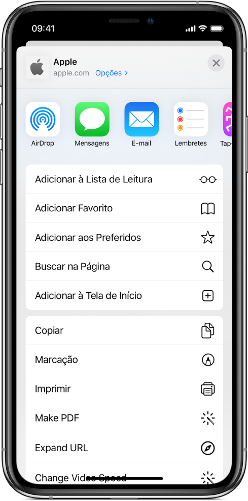 Atalhos na folha de compartilhamento do Safari.