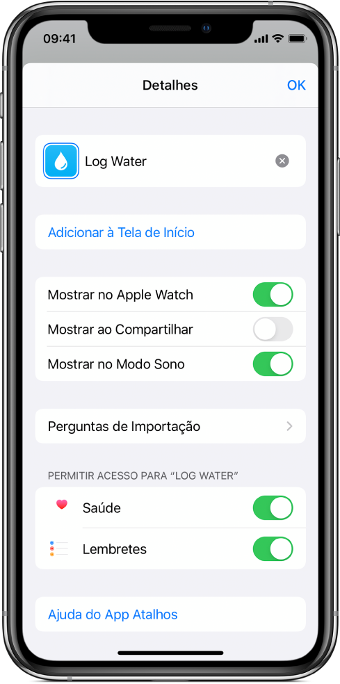 Tela de Detalhes no app Atalhos mostrando a Tela de Início.