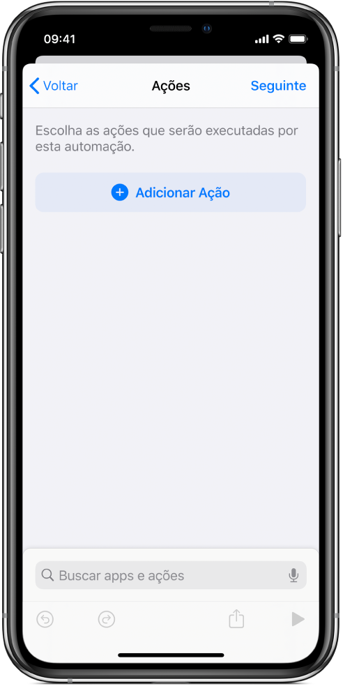 Uma automação vazia no editor de automação do app Atalhos.