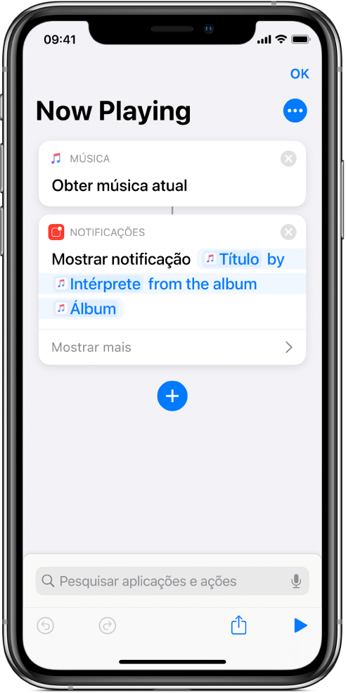 Ação “Mostrar notificação” no editor de atalhos e o aviso “A reproduzir” de Música chamado pela ação “Mostrar notificação”.