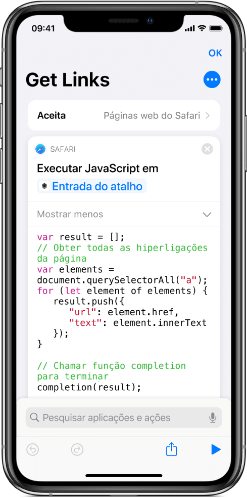 A ação “Executar JavaScript na página web” no editor de atalhos.