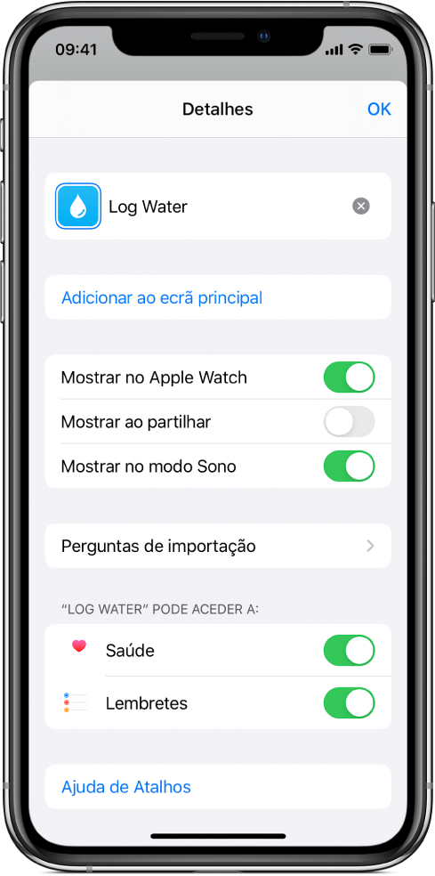 Ecrã Detalhes na aplicação Atalho a mostrar “Mostrar no Apple Watch”.