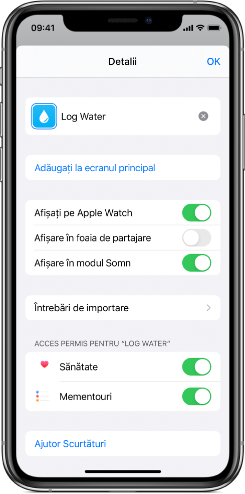 Ecranul Detalii în aplicația Scurtături prezentând Afișați pe Apple Watch.