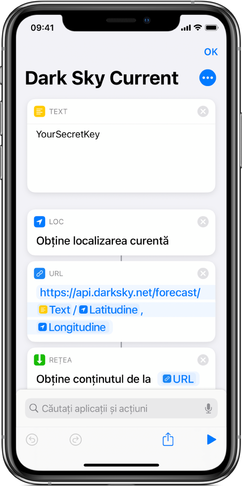 O acțiune "Obțineți localizarea curentă" adăugată între acțiunea Text și acțiunea URL în scurtătura de solicitare adresată API‑ului Dark Sky.