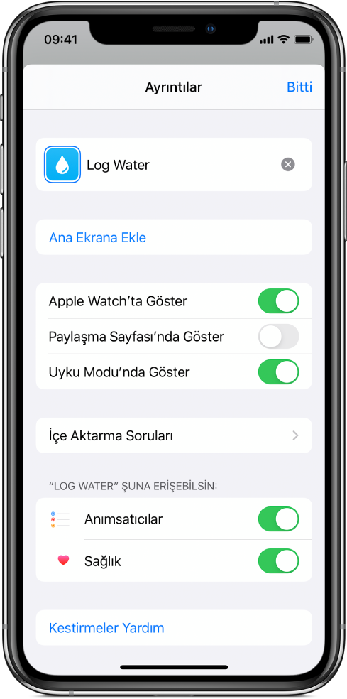 Kestirmeler uygulamasında Apple Watch’ta Göster’in gösterildiği Ayrıntılar ekranı.