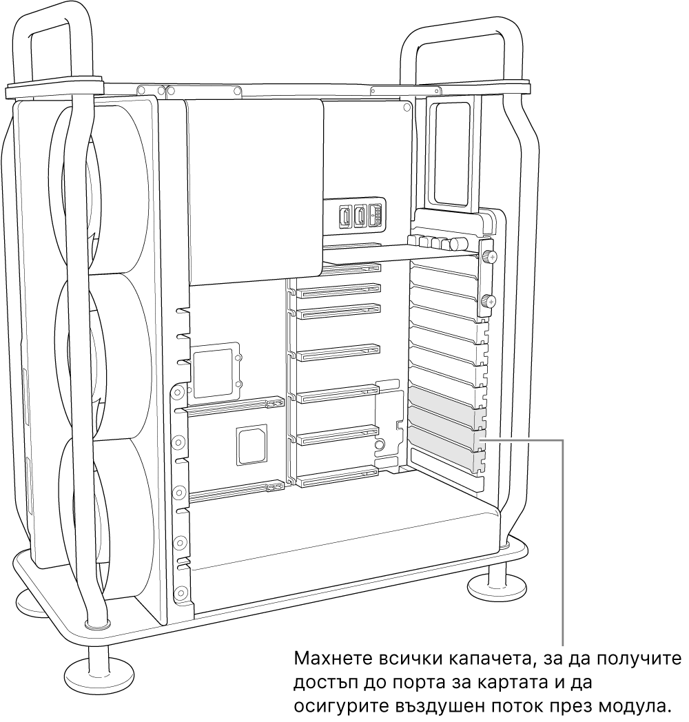 Извадете капаците на слотовете, ако се налага, за да се осигури достъп до портовете за карти и въздушната струя през модула.