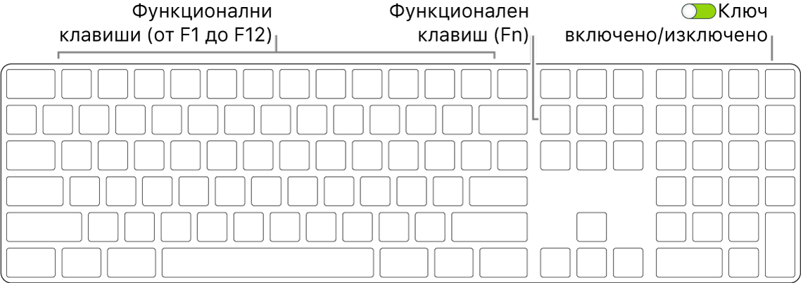 Клавиатура Magic Keyboard, показваща функционалния клавиш (Fn) в долния ляв ъгъл и преключвателя за включване/изключване в горния десен ъгъл на клавиатурата.