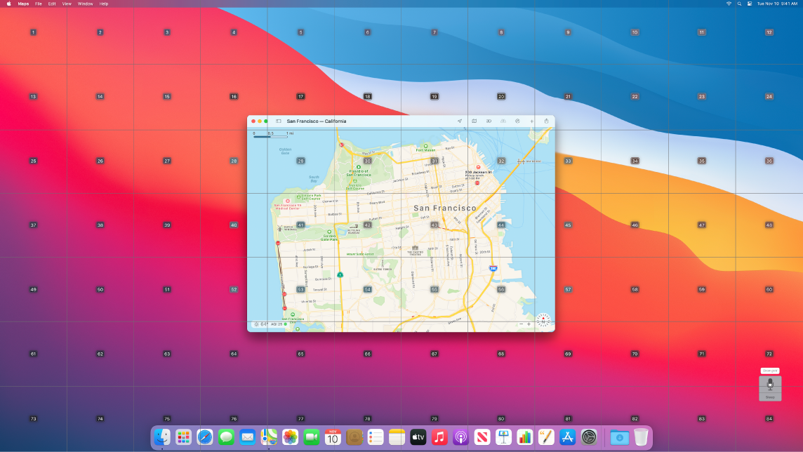 Приложението Maps (Карти), което е отворено на Работната площ, с изобразена мрежа върху екрана.