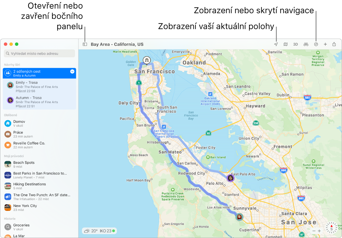 Okno aplikace Mapy s pokyny k vyhledání trasy kliknutím na cíl na bočním panelu, k otevření nebo zavření bočního panelu a k zobrazení vaší aktuální polohy na mapě