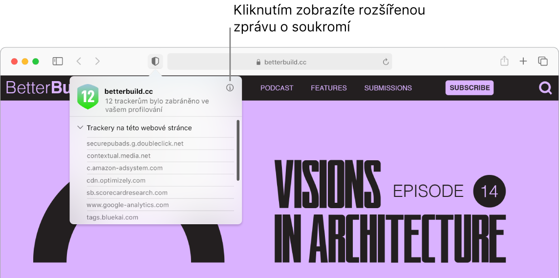 Okno Safari s předvolbami webové stránky „Používat čtečku, je‑li k dispozici“, „Zapnout blokátory obsahu“, „Zvětšení stránek“, „Automatické přehrávání“ a „Vyskakovací okna“