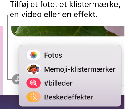 Menuen Programmer, der giver mulighed for at vise fotografier, Memoji-klistermærker, GIF-billeder og beskedeffekter.