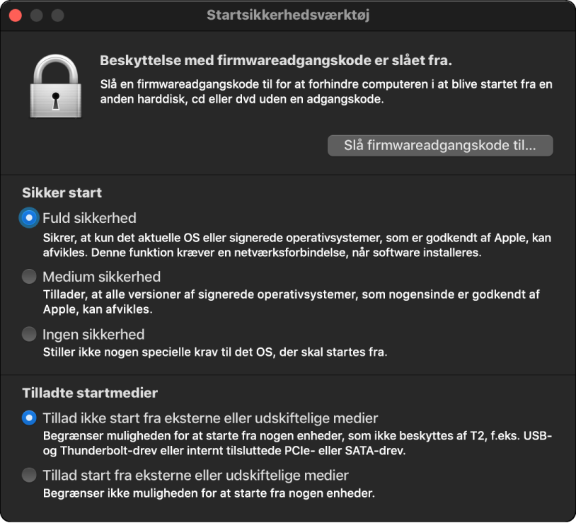 Vinduet Startsikkerhedsværktøj er åbent og viser, at mulighederne Sikker start og Ekstern start er valgt.