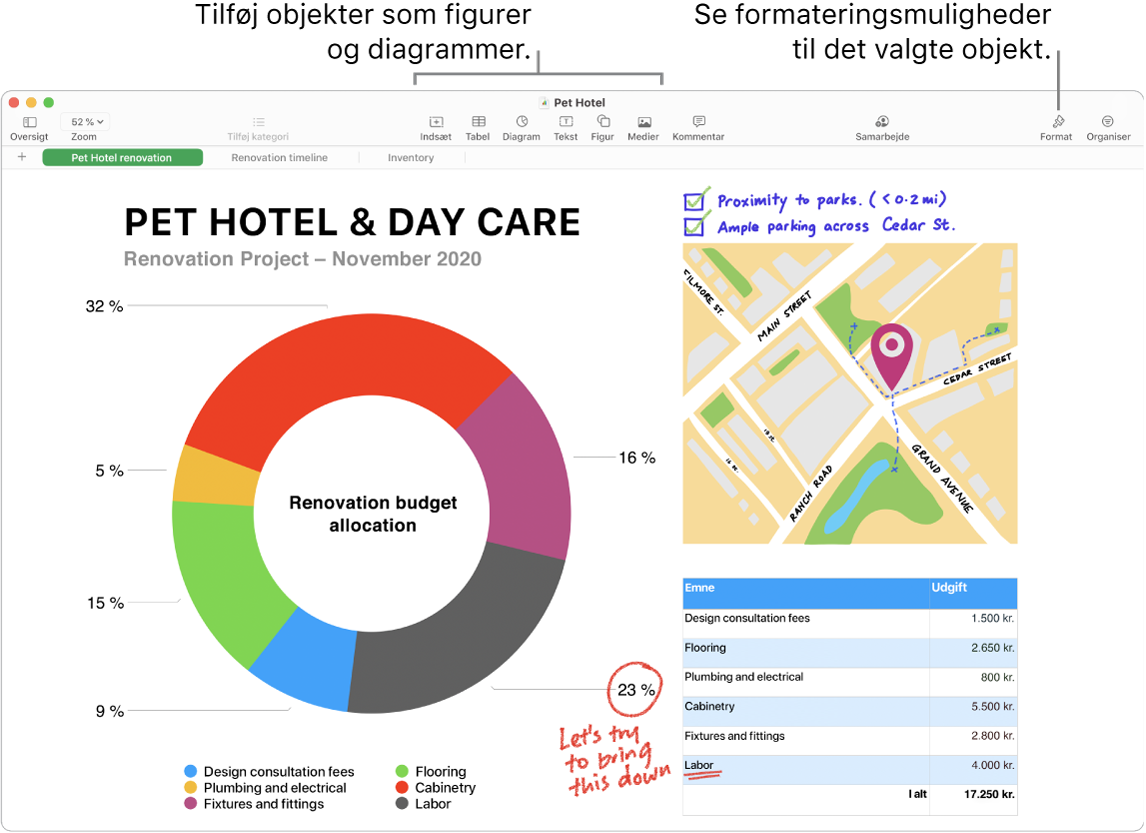 Et Numbers-vindue med værktøjslinjen og dens redigeringsværktøjer øverst, knappen Samarbejd øverst til højre og knapperne Format og Organiser til højre. Indholdsoversigten Format er åben og viser fanen Diagrammer.