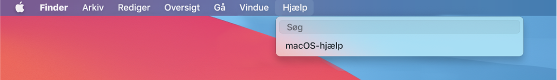 En del af skrivebordet med Hjælpemenuen, der viser menukommandoer til Søg og Hjælp til macOS.