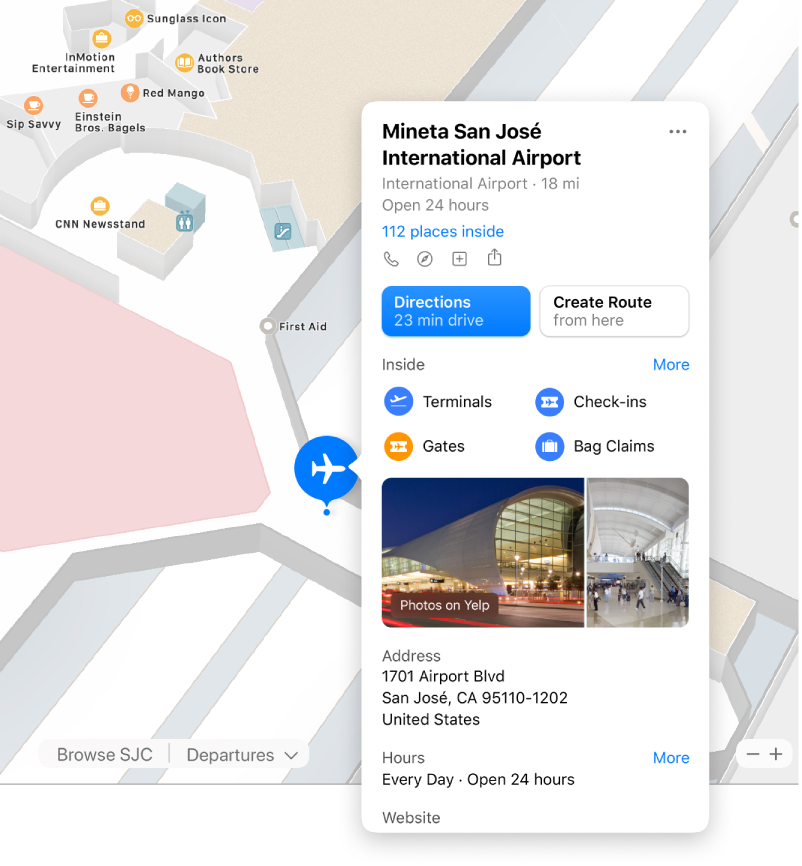A map of the interior of an airport, along with info about the airport, including directions, restaurants, stores, and more.