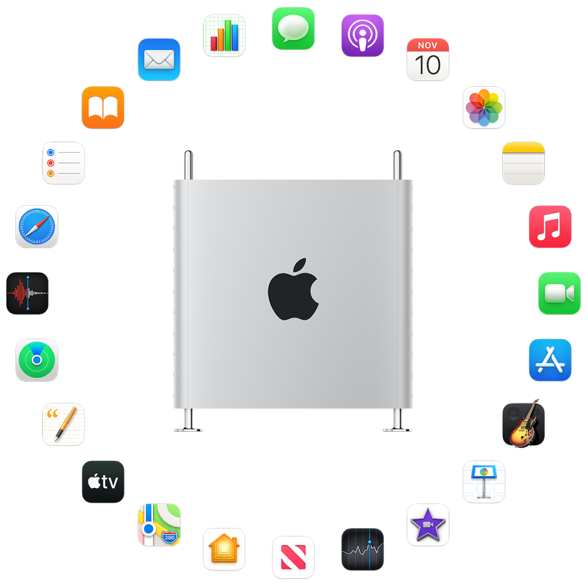 A Mac Pro surrounded by the icons for the built-in apps described in the following sections.