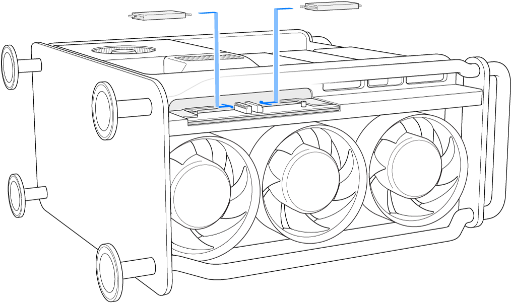 Mac Pro on its side and showing two SSD modules being installed.