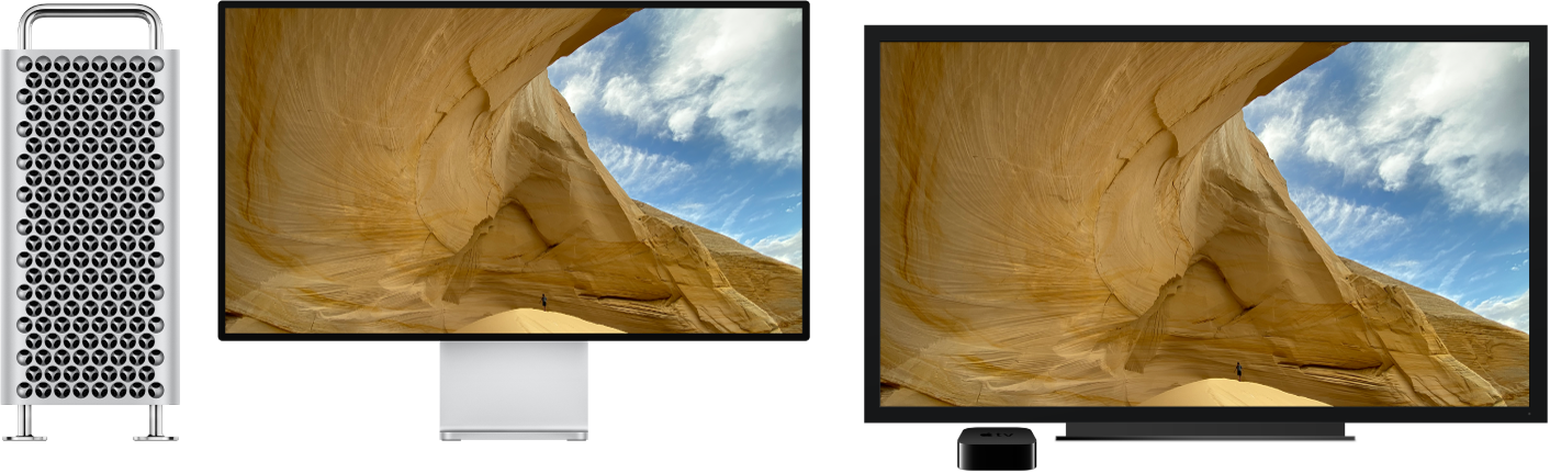 Una Mac Pro con el contenido duplicado en una televisión de alta definición a través de un Apple TV.