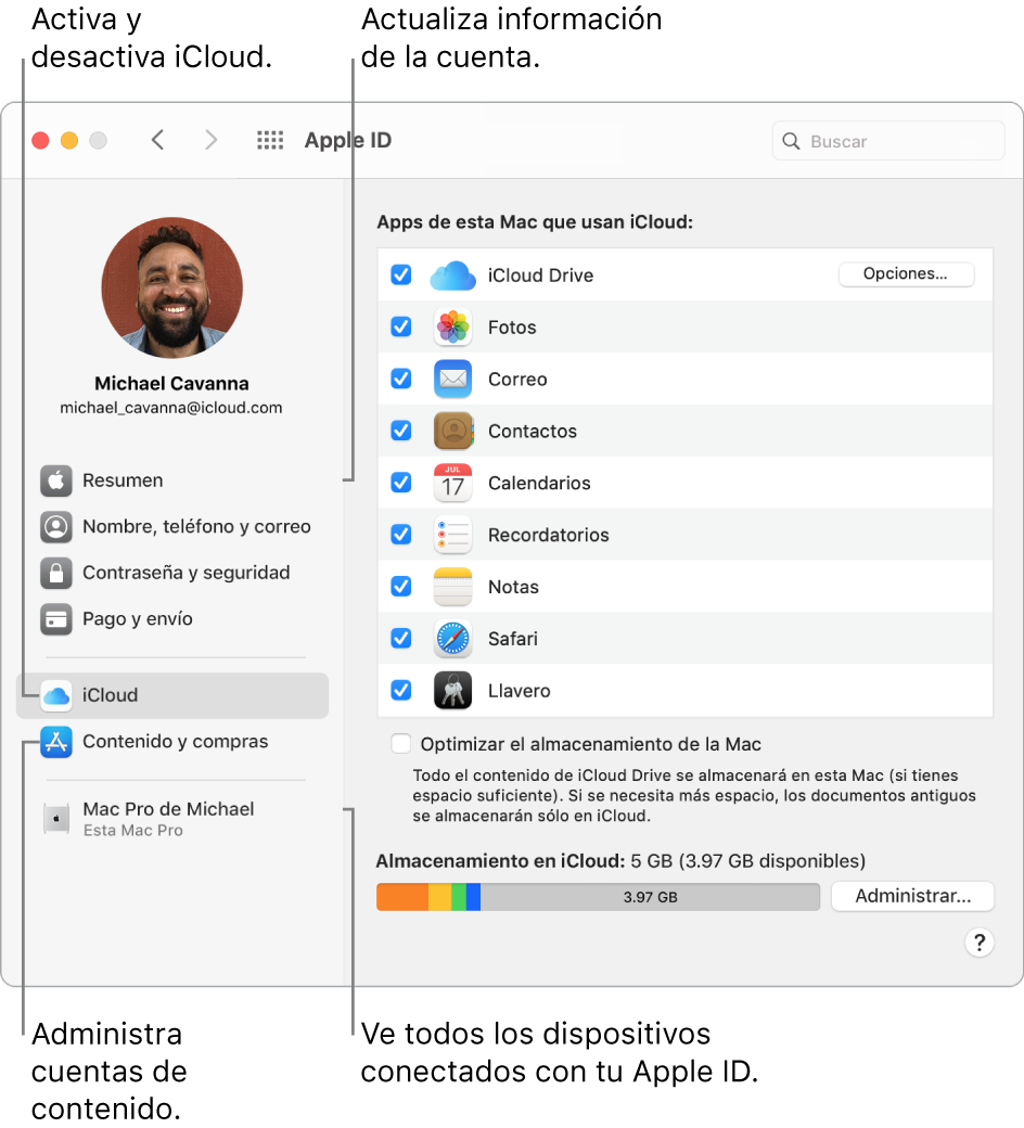 El panel Apple ID de Preferencias del Sistema. Haz clic en un elemento en la barra lateral para actualizar la información de tu cuenta, activar o desactivar iCloud, administrar cuentas de contenido y ver todos los dispositivos en los que has iniciado sesión con tu Apple ID.