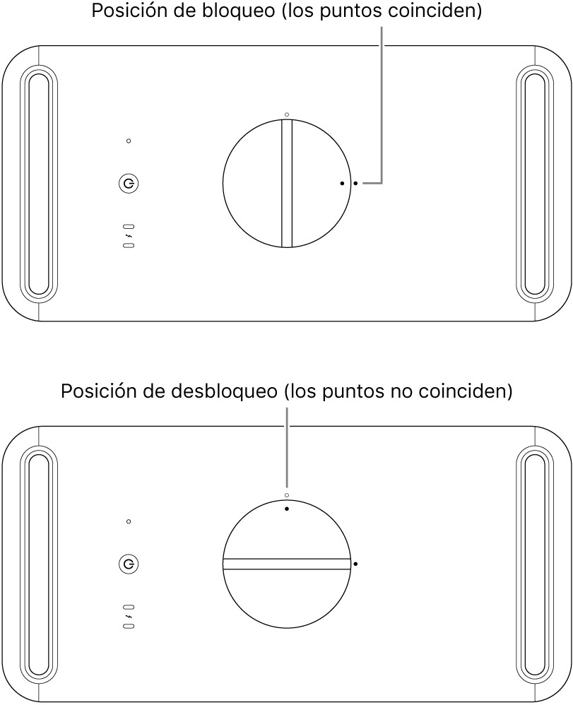 Parte superior de la carcasa de la computadora mostrando el pestillo en las posiciones de bloqueo y desbloqueo.