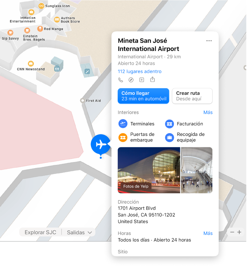 Un mapa del interior de un aeropuerto junto con información del lugar, incluyendo indicaciones, restaurantes, tiendas y más.