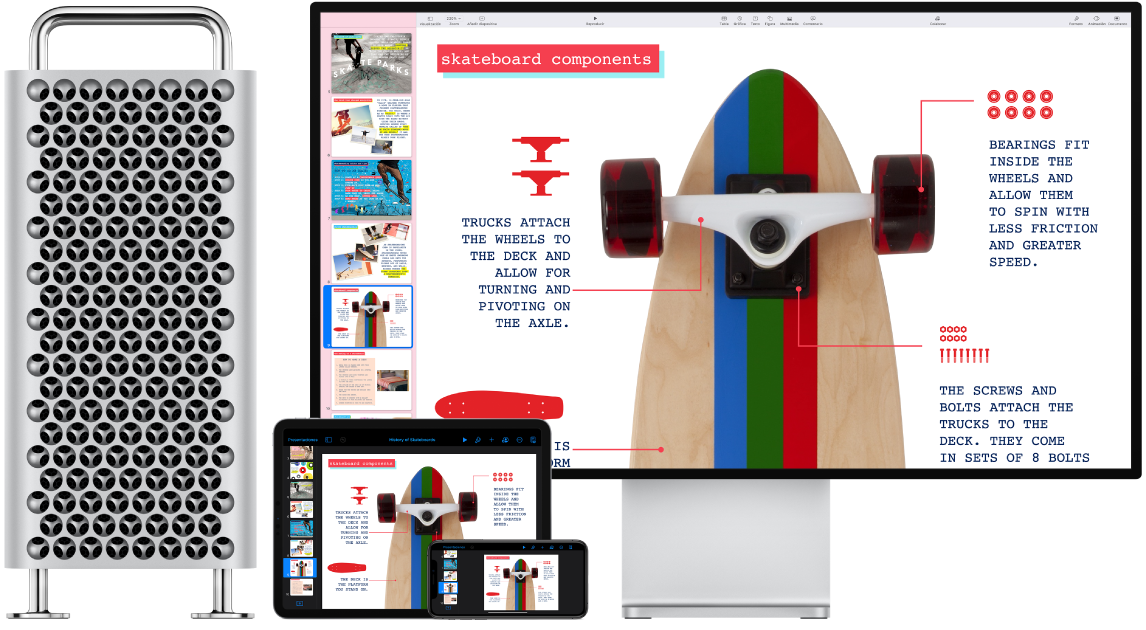 Contenido idéntico mostrado en un Mac Pro, un iPad y un iPhone.