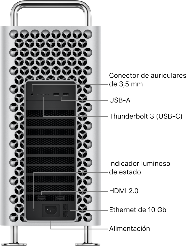 Una vista lateral del Mac Pro con el conector para auriculares de 3,5 mm, dos puertos USB-A, dos puertos Thunderbolt 3 (USB-C), un indicador luminoso de estado, dos puertos HDMI 2.0, dos puertos Ethernet 10 Gigabit y un puerto de alimentación.