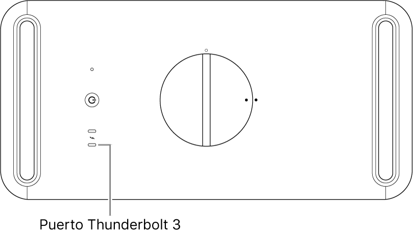 La parte superior de un Mac Pro, en la que se señala el puerto Thunderbolt 3 correcto a usar.