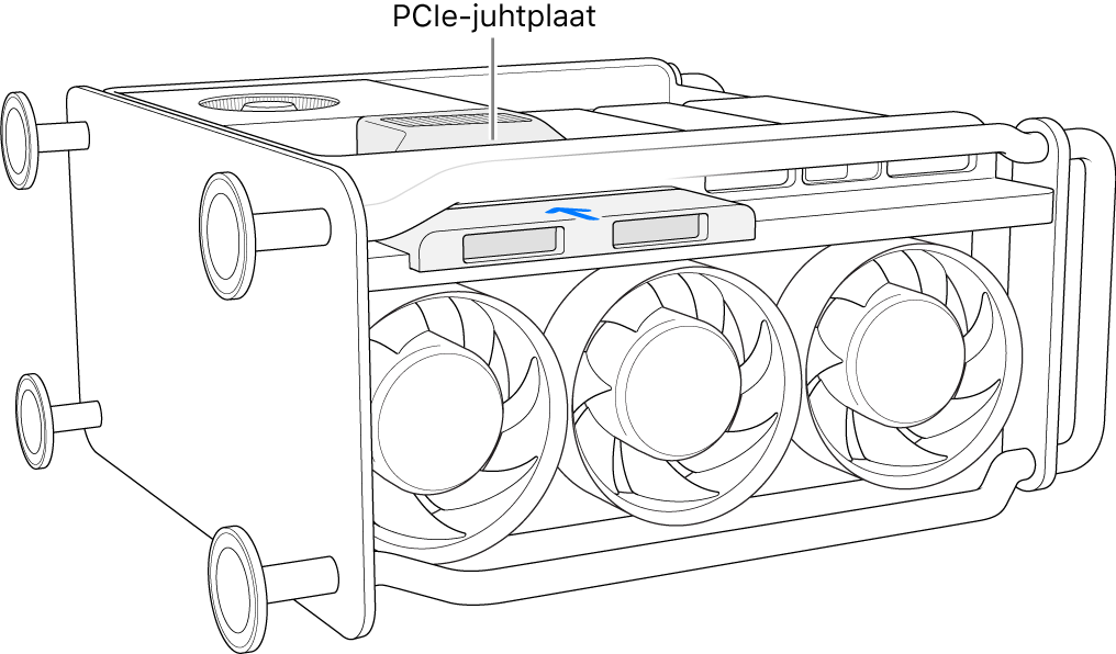 Mac Pro on asetatud küljele ning pildil näidatakse PCIe-juhtplaati ning SSD-kaant.