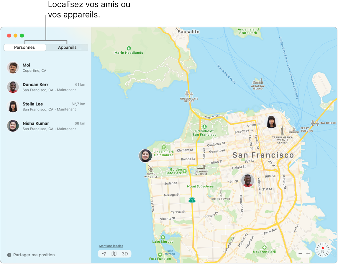 Vous pouvez localiser vos amis ou vos appareils en cliquant sur les onglets Personnes ou Appareils. La capture d’écran montre l’onglet Amis sélectionné sur la gauche et une carte de San Francisco sur la droite avec la position de trois amis.