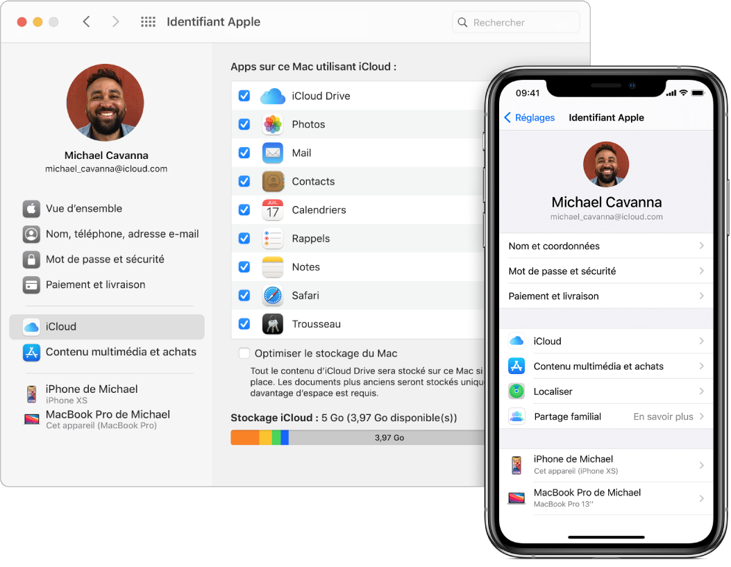 Les réglages iCloud d’un iPhone et la fenêtre iCloud sur un Mac.