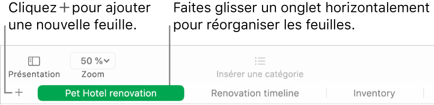 Fenêtre de Numbers indiquant comment ajouter une nouvelle feuille et réorganiser des feuilles.