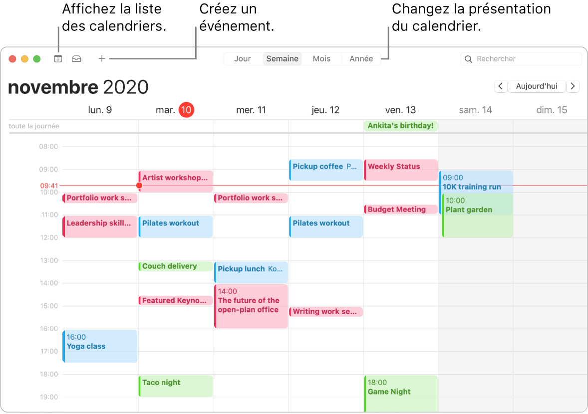 Une fenêtre de Calendrier indiquant comment créer un événement, obtenir la liste des événements et choisir une présentation par jour, par semaine, par mois ou par année.