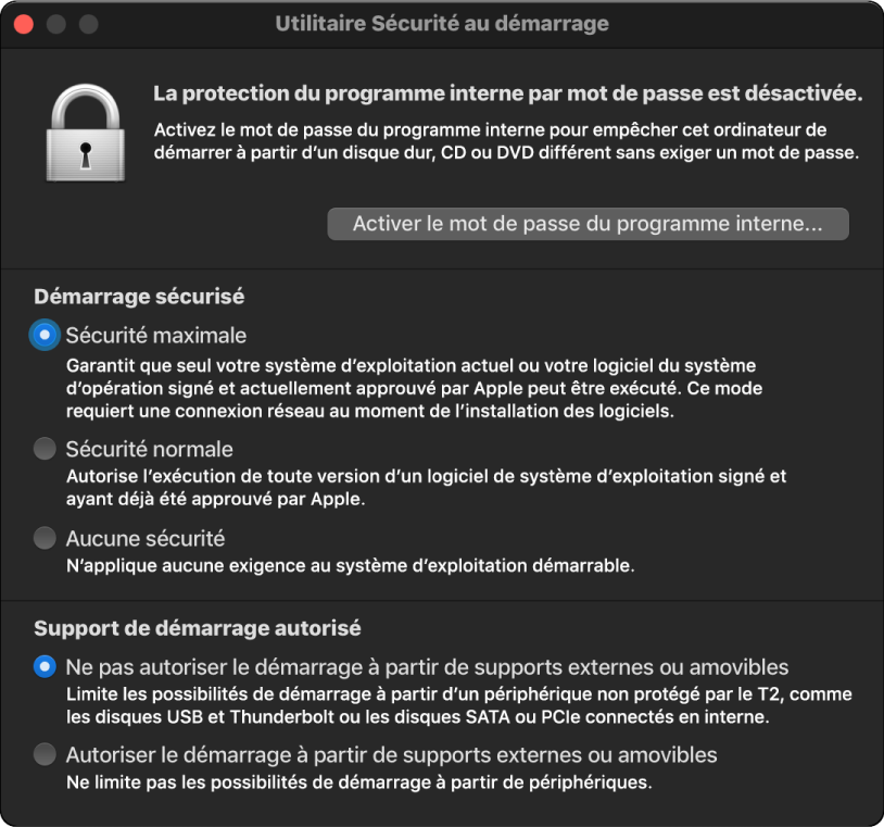 La fenêtre d’Utilitaire Sécurité au démarrage est ouverte avec une option de démarrage sécurisé cochée et une option de démarrage externe cochée.