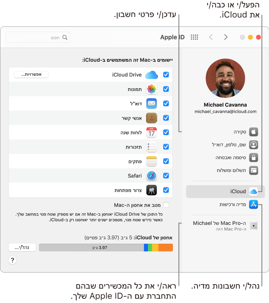 החלונית של Apple ID ב“העדפות המערכת”. לחץ/י על פריט בסרגל הצד על-מנת לעדכן את פרטי החשבון, הפעל/י או כבה/י את iCloud, נהל/י חשבונות מדיה וראה/י את כל המכשירים המחוברים ל-Apple ID שלך.