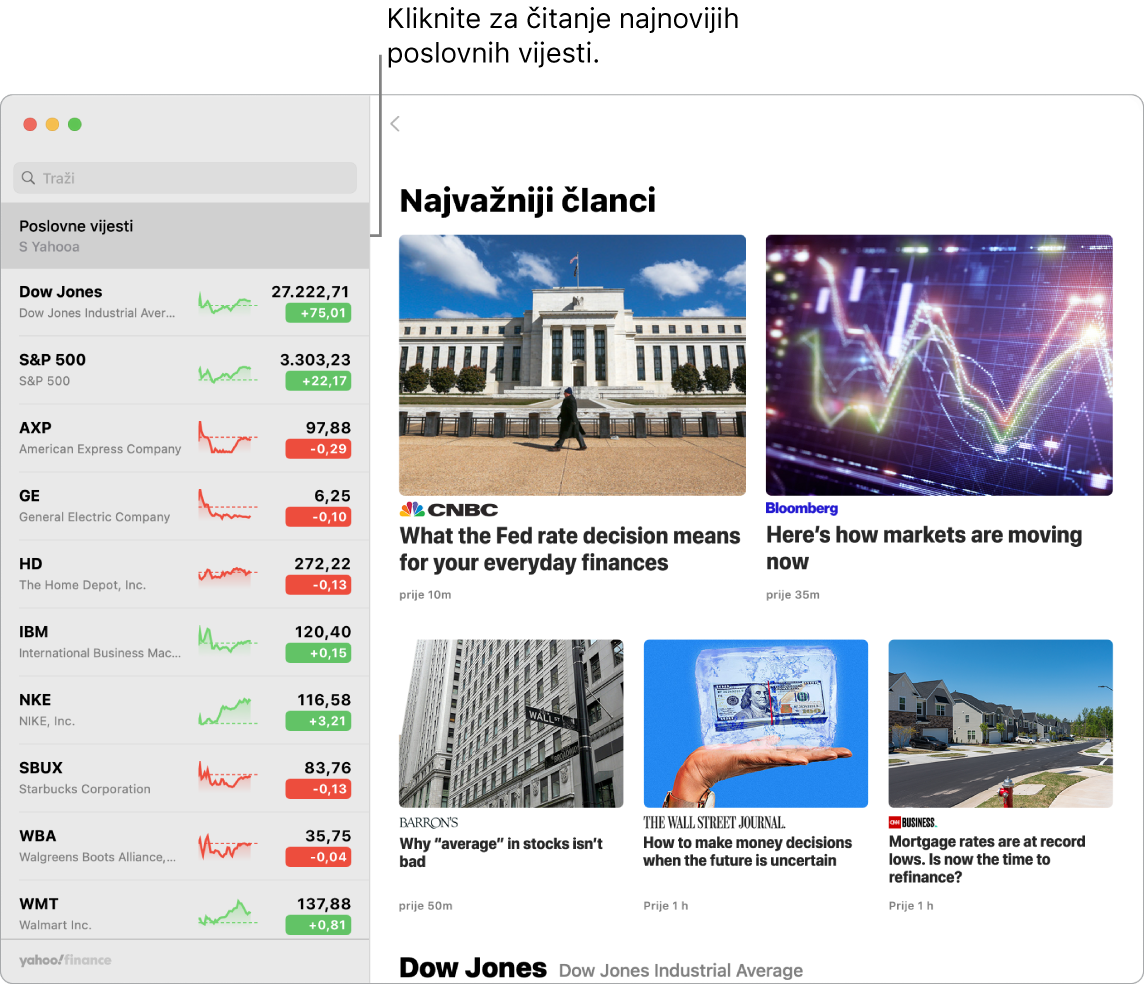 Nadzorna ploča aplikacije Dionice s prikazom tržišnih cijena na popisu praćenja s Najvažnijim člancima.