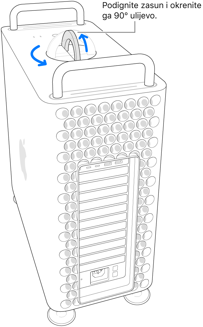 Prikaz prvog koraka skidanja kućišta računala podizanjem kukice i okretanjem kukice za 90 stupnjeva.