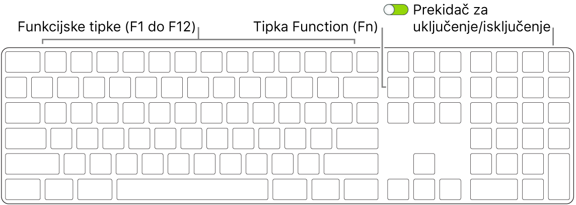 Tipkovnica Magic Keyboard prikazuje tipku Funkcija (Fn) u donjem lijevom kutu i prekidač za uključenje/isključenje na gornjem desnom kutu tipkovnice.