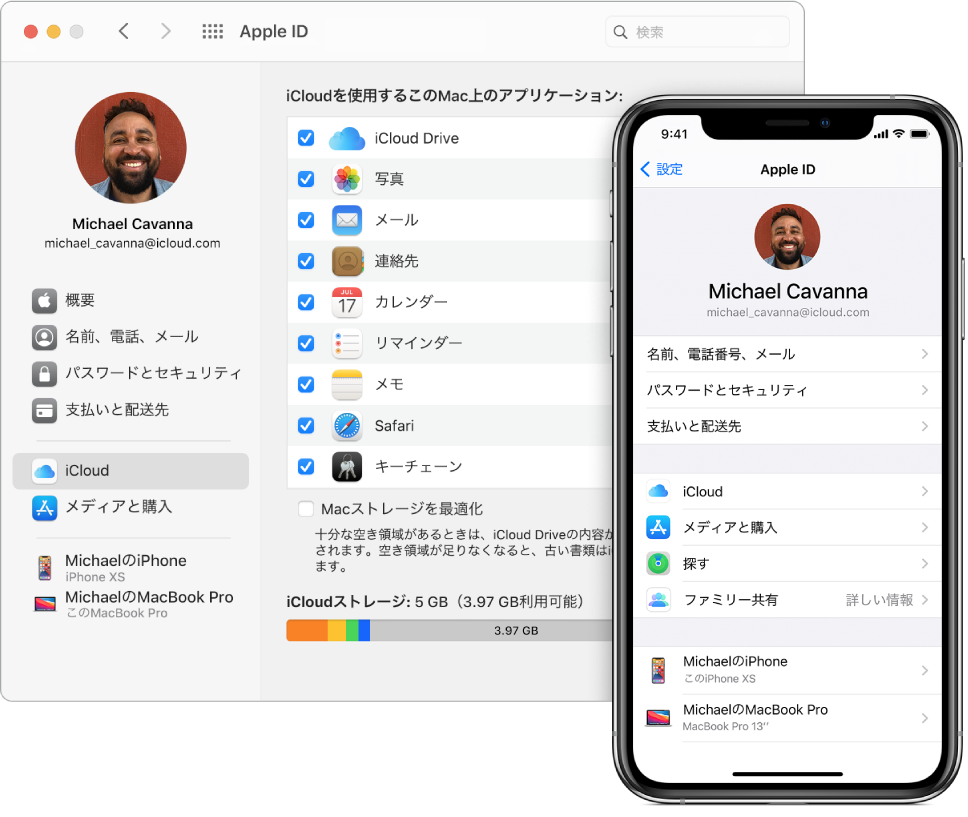 iPhoneのiCloud設定とMacの「iCloud」ウインドウ。