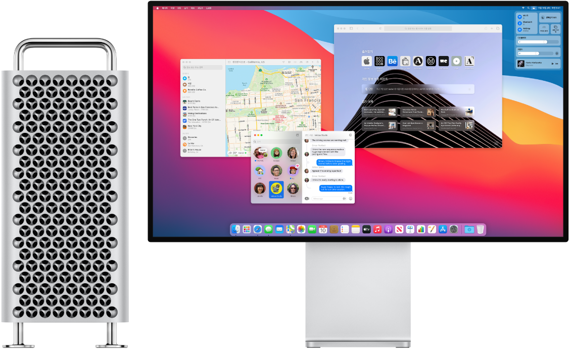 제어 센터 및 열려 있는 여러 앱을 표시하는 Pro Display XDR 데스크탑에 연결된 Mac Pro.