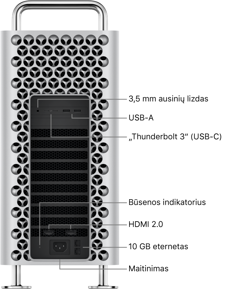 Šoninė „Mac Pro“ pusė, matosi 3,5 mm ausinių lizdas, du USB-A prievadai, du „Thunderbolt 3“ (USB-C) prievadai, būsenos indikatoriaus lemputė, du HDMI 2.0 prievadai, du 10 gigabitų eterneto prievadai ir maitinimo prievadas.
