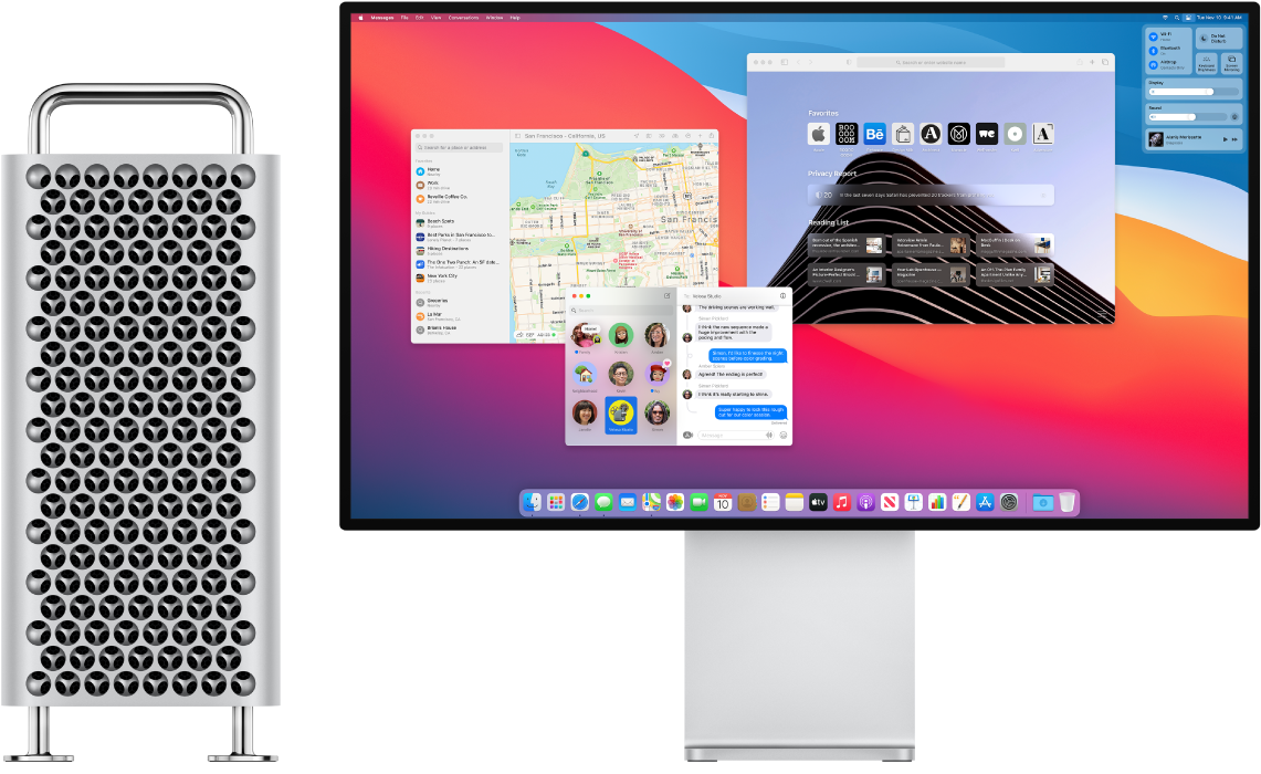 „Mac Pro Tower“ ir „Pro Display XDR“ vienas prie kito.