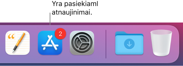„Dock“ dalis, kurioje rodoma „App Store“ piktograma su ženkleliu, nurodančiu, kad galima atsisiųsti naujinių.