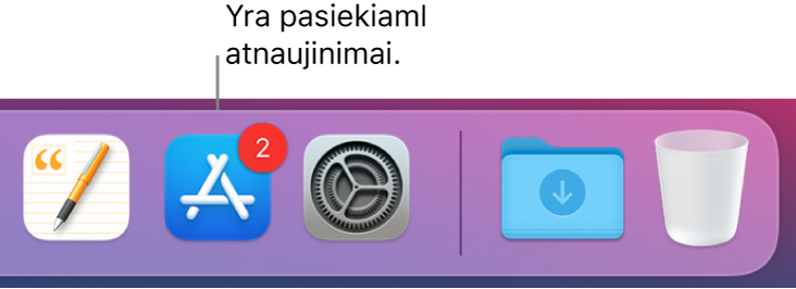 „Dock“ dalis, kurioje rodoma „App Store“ piktograma su ženkleliu, nurodančiu, kad galima atsisiųsti naujinių.