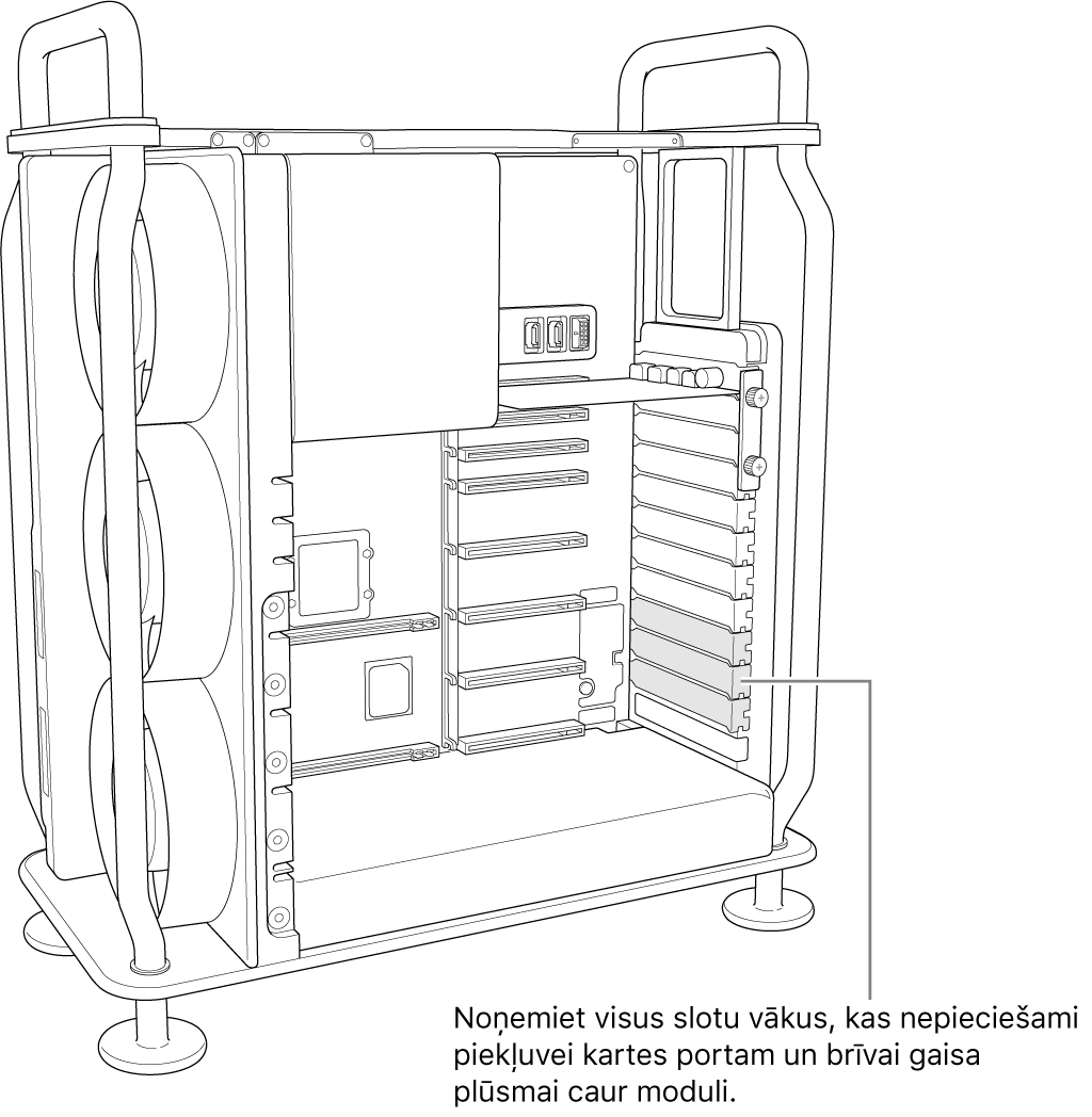 Noņemiet nepieciešamos slotu pārsegus, lai nodrošinātu piekļuvi kartes portam un gaisa plūsmu modulī.