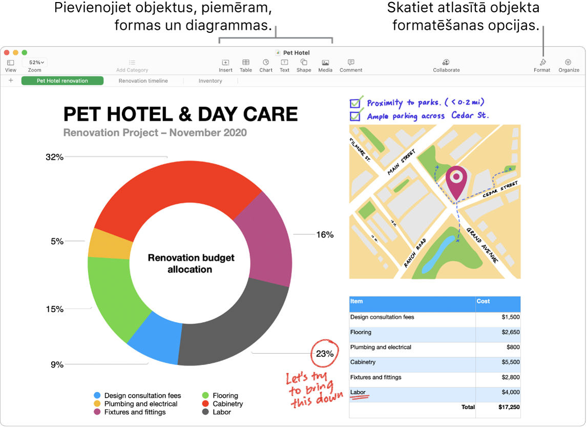 Lietotnes Numbers loga augšā redzama rīkjosla un tās rediģēšanas rīki, poga Collaborate augšējā labajā stūrī un pogas Format un Organize — labajā malā. Sānu josla Format ir atvērta cilnē Charts.
